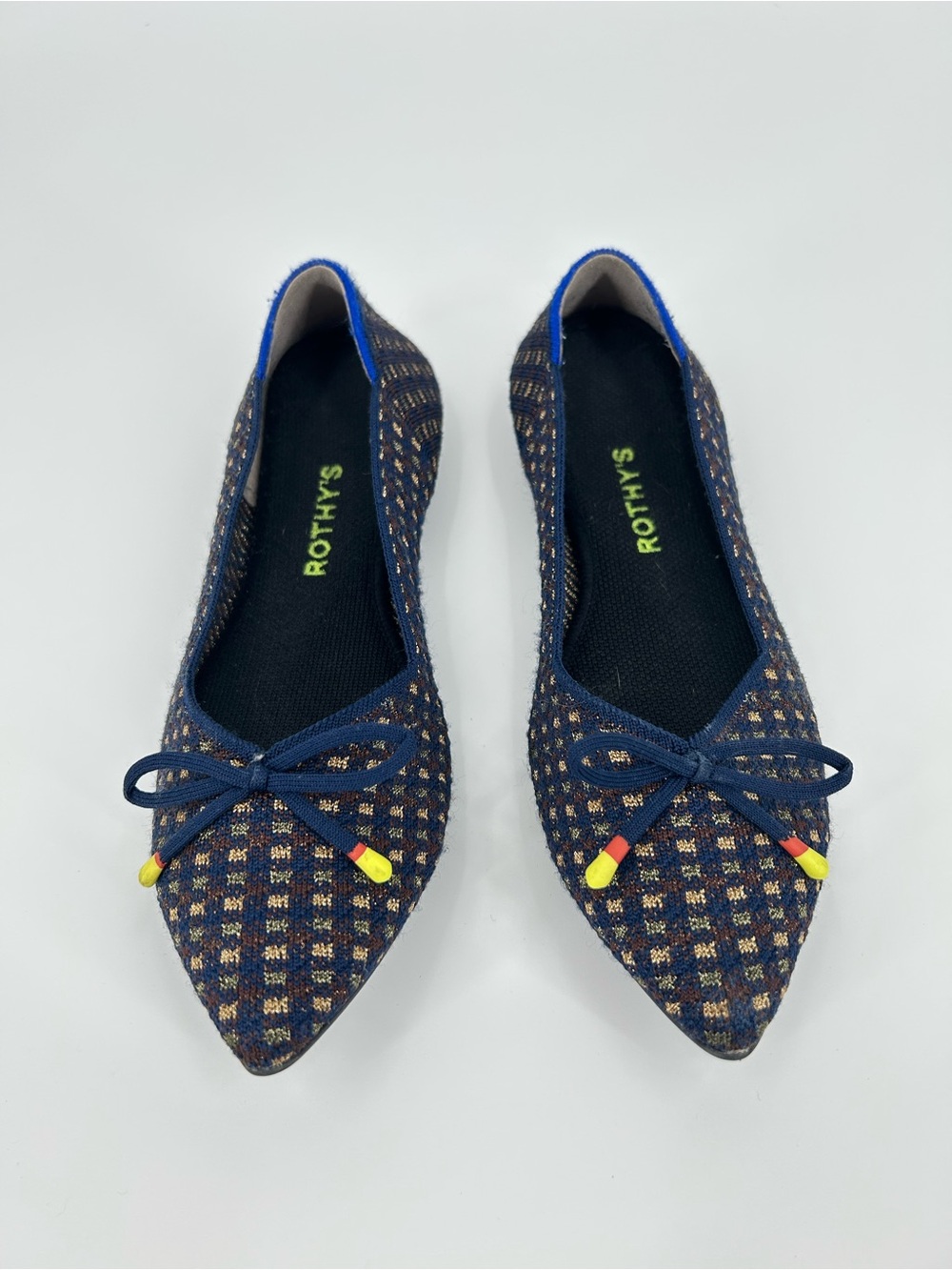 Rothy's The Bow Point Evening Metallic Blue Plaid Flats Size 9 GUC